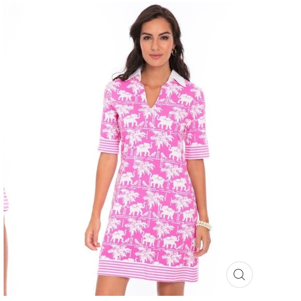 Barbara Gerwit Elephant Palm Tree Tunic Dress Womens M Pink Preppy Resort Knit